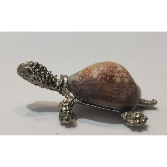 Vtg Silver Colored Metal And Real Shell Turtle Figurine 2.25" by 1"